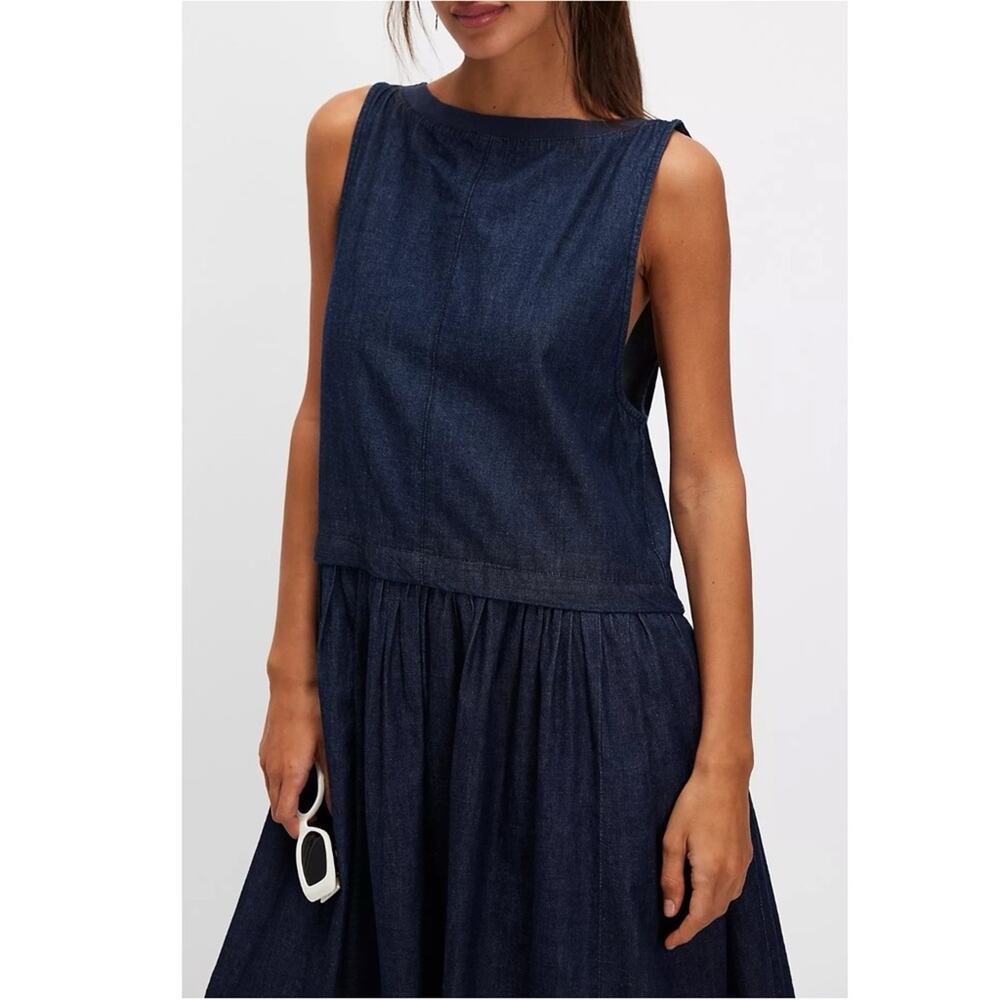 Free People Retro 90s Soraya Dark Denim Drop Waist Midi Jumper Dress Size Small - Picture 2 of 11